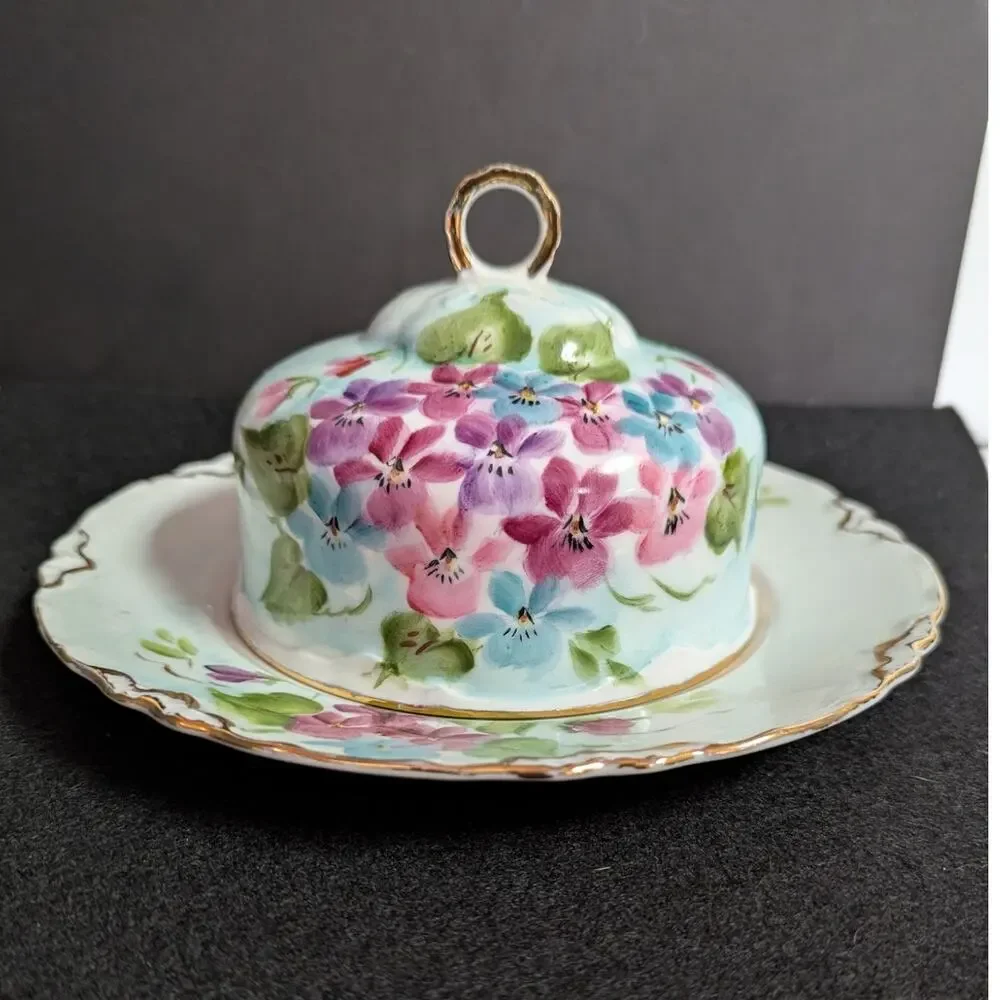 vintage Hutschenreuther Selb Bavaria covered butter dish handpaint floral round